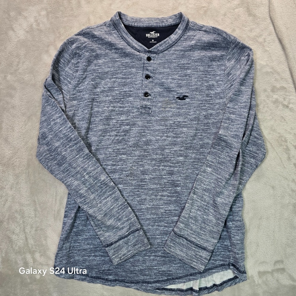 Hollister California Henley Shirt Mens Medium Heather Blue Cotton Long Sleeve